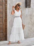 Hollow Lace Elegant Dress Sling Slim Fit Patchwork Solid Color Sleeveless