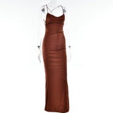 Temperament Pure Color Sling Low Collar Sexy Satin Lace-up Backless Hip Bag Dress